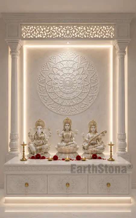 Elegant Vietnam white marble mandir with MOP Om Swastik inlay carved pillars and luxury jaali design by EarthStona